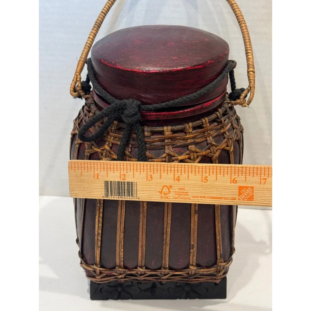 Thai Rice Basket Decorative Woven Bamboo Wood Red Black Bohemian Handcrafted